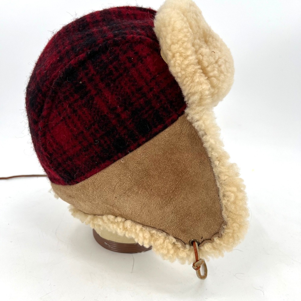 Vintage Woolrich Buffalo Plaid Shearling Hunting Trapper Hat Earflap Wool Size L